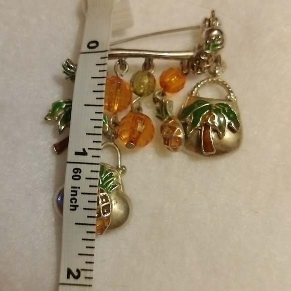 Vtg Silver Enamel painted pineapples & Palm tress w orange & green beads brooch - Picture 7 of 7